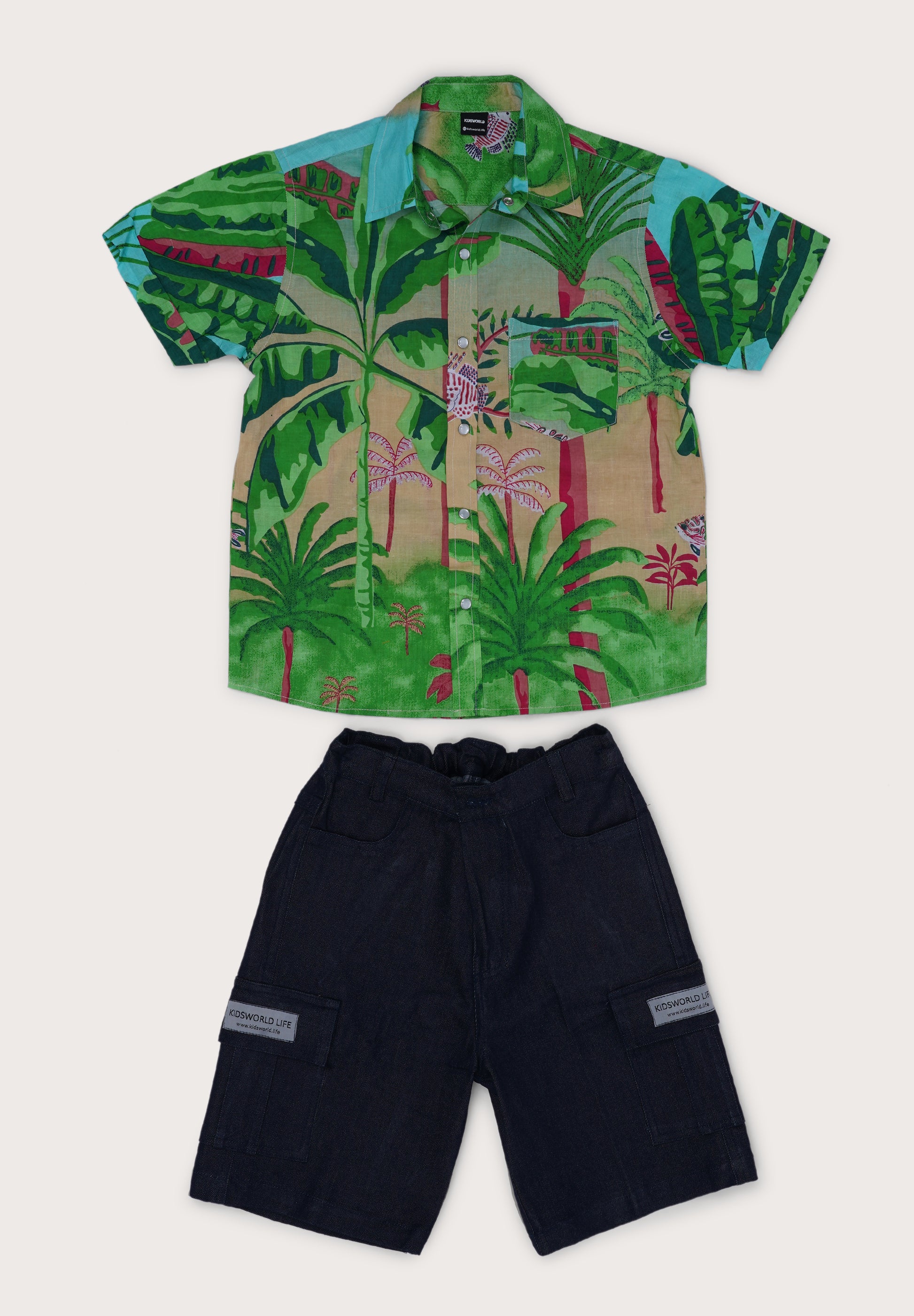Boys Cotton Printed Shirt with Black Denim Shorts – Stylish Summer Outfit