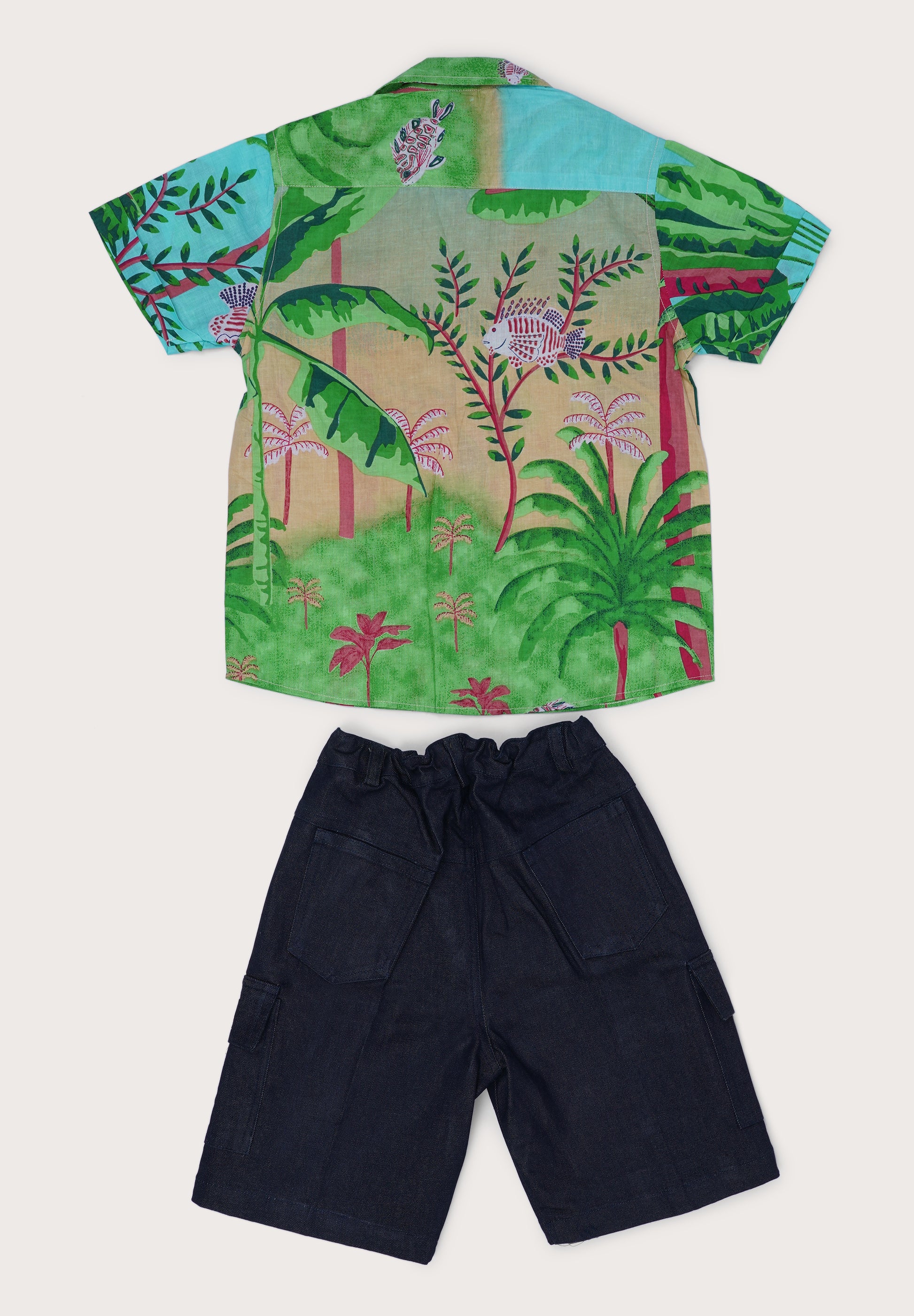 Boys Cotton Printed Shirt with Black Denim Shorts – Stylish Summer Outfit