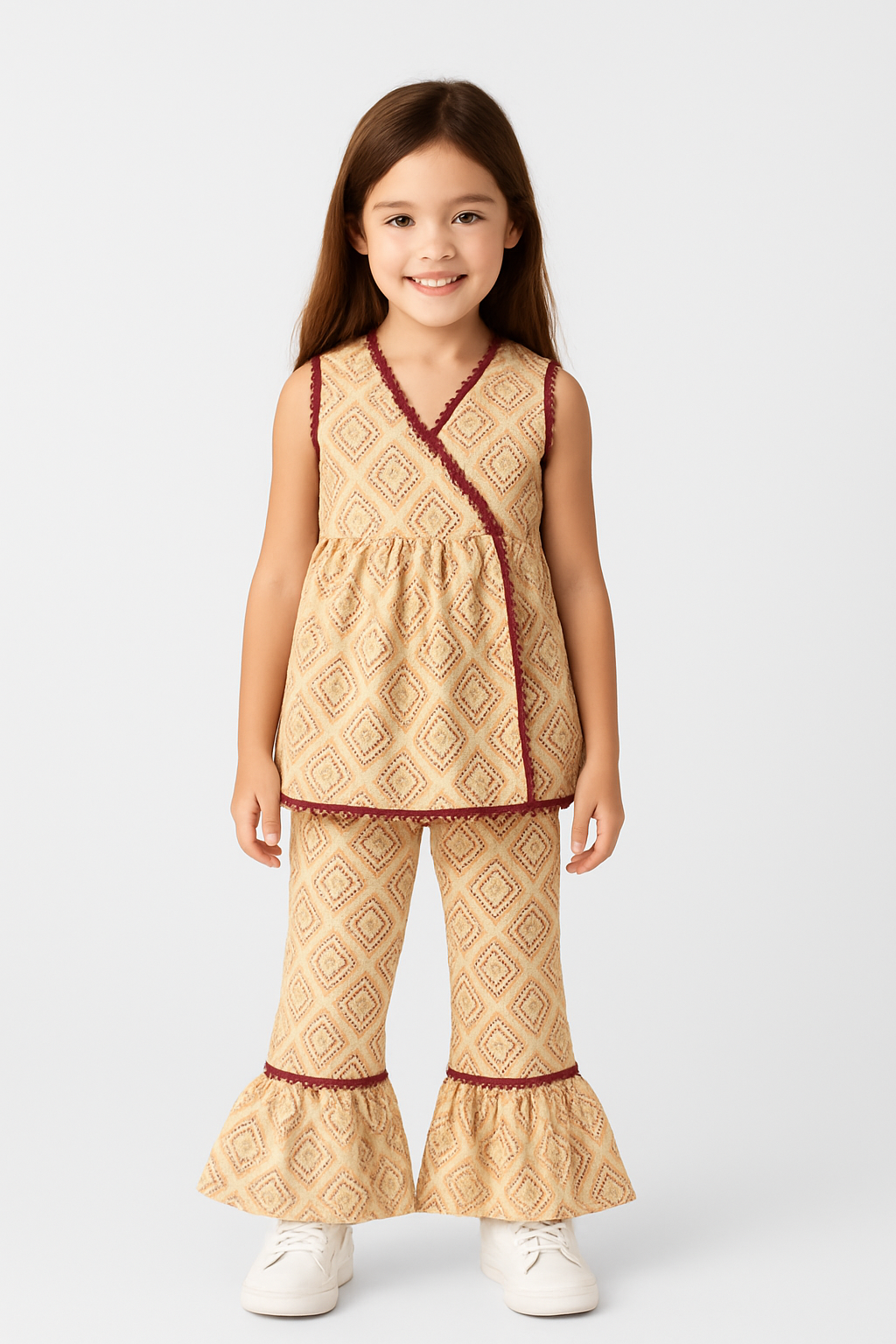 Beige Ethnic Diamond Print Cotton Co-Ord Set for Girls,ethnic kidswear”, and “bell bottom set”.