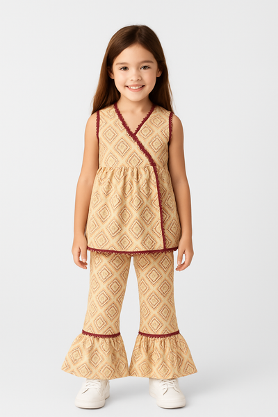 Beige Ethnic Diamond Print Cotton Co-Ord Set for Girls,ethnic kidswear”, and “bell bottom set”.