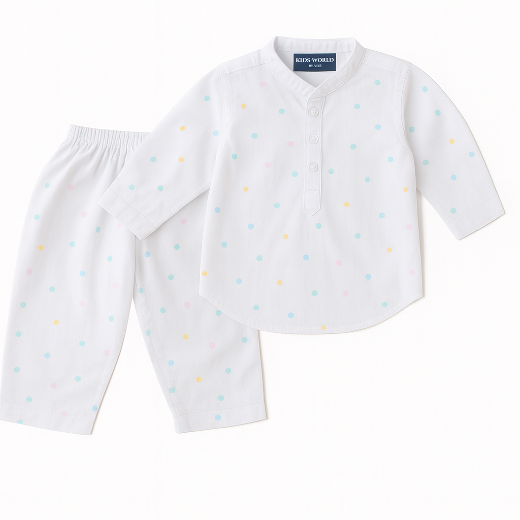 KidsWorld Life White Polka Dot Kurta Pajama Set for Boys | Soft Cotton Comfort wear | Stylish Everyday & Festive Outfit