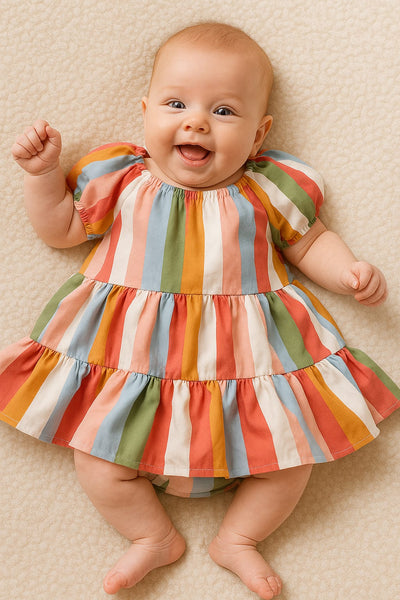 Multicolor Striped Pure Cotton Baby Frock with Bloomer