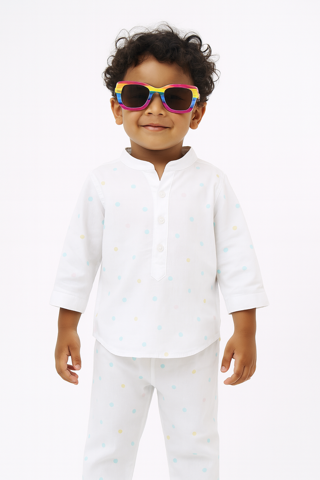 KidsWorld Life White Polka Dot Kurta Pajama Set for Boys | Soft Cotton Comfort wear | Stylish Everyday & Festive Outfit