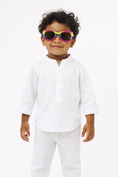 KidsWorld Life White Polka Dot Kurta Pajama Set for Boys | Soft Cotton Comfort wear | Stylish Everyday & Festive Outfit