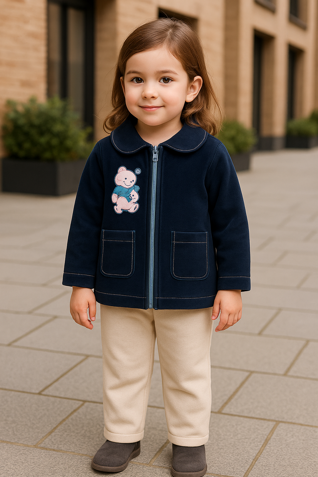 KidsWorld Life Denim Teddy Jacket with Beige Winter Pants | Stylish Girls Denim Set | Soft & Warm Winterwear for Kids