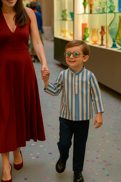 Boys’ Classic Blue & White Striped Kurta with Navy Pants – Stylish Festive & Casual Wear Set