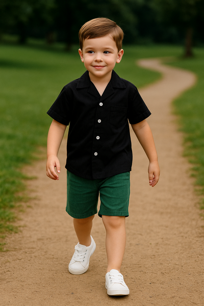 Boys Black Shirt & Green Shorts Set