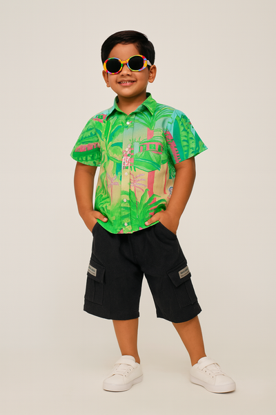 Boys Cotton Printed Shirt with Black Denim Shorts – Stylish Summer Outfit