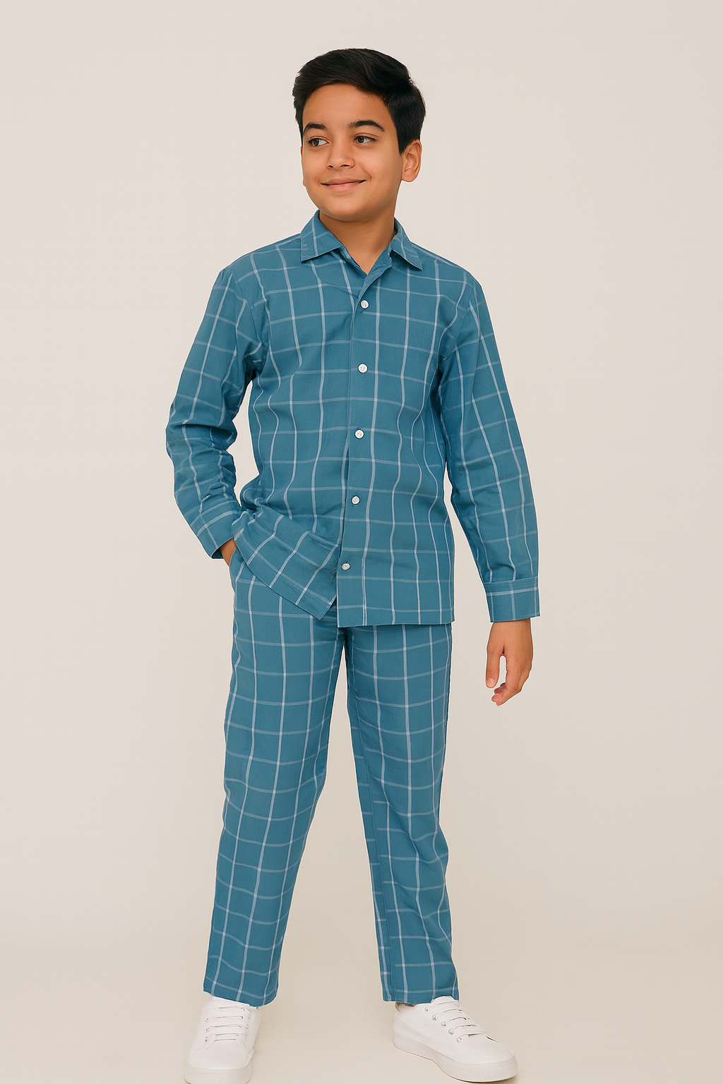 Boys Blue Checked Denim Shirt & Trouser Co-ord Set