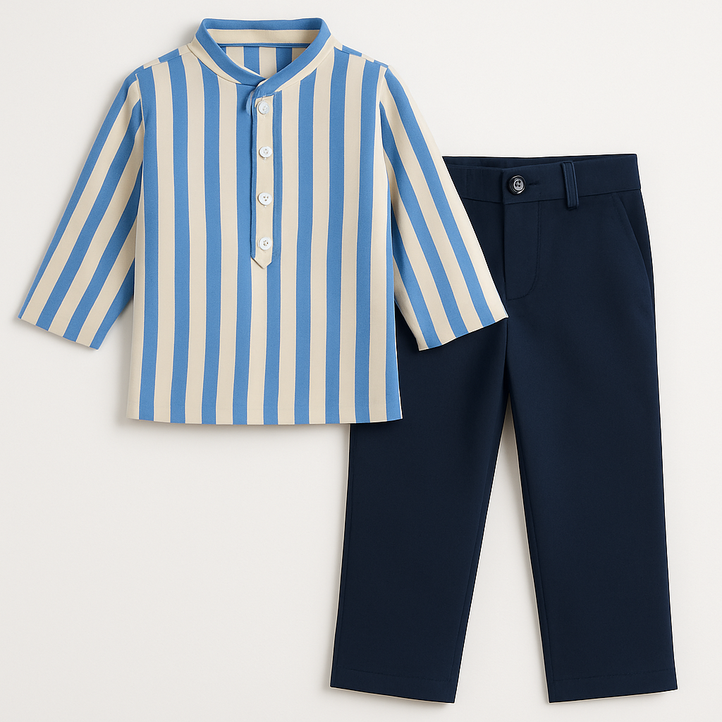 Boys’ Classic Blue & White Striped Kurta with Navy Pants – Stylish Festive & Casual Wear Set