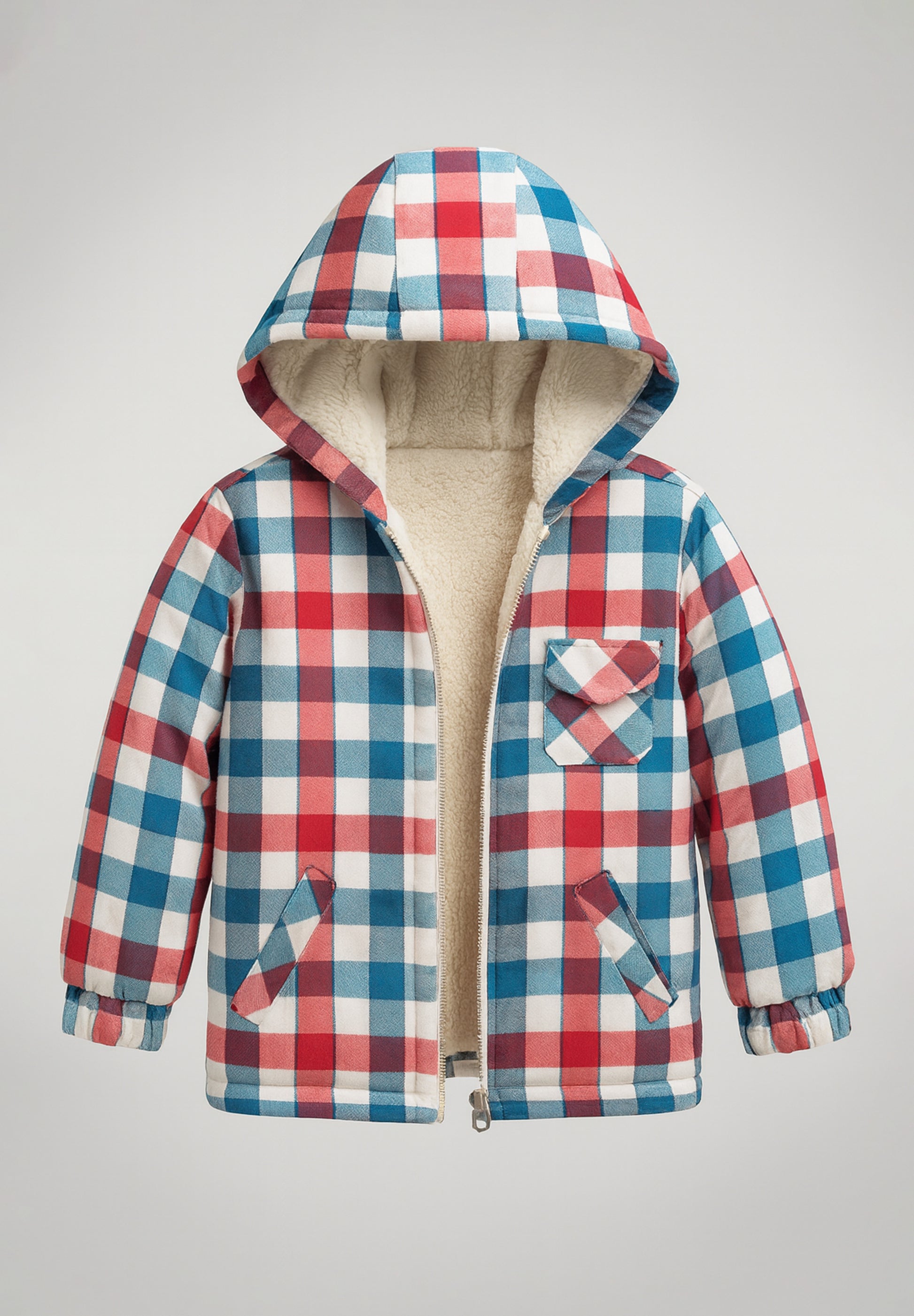 Children's plaid jacket with a hood on a light gray background