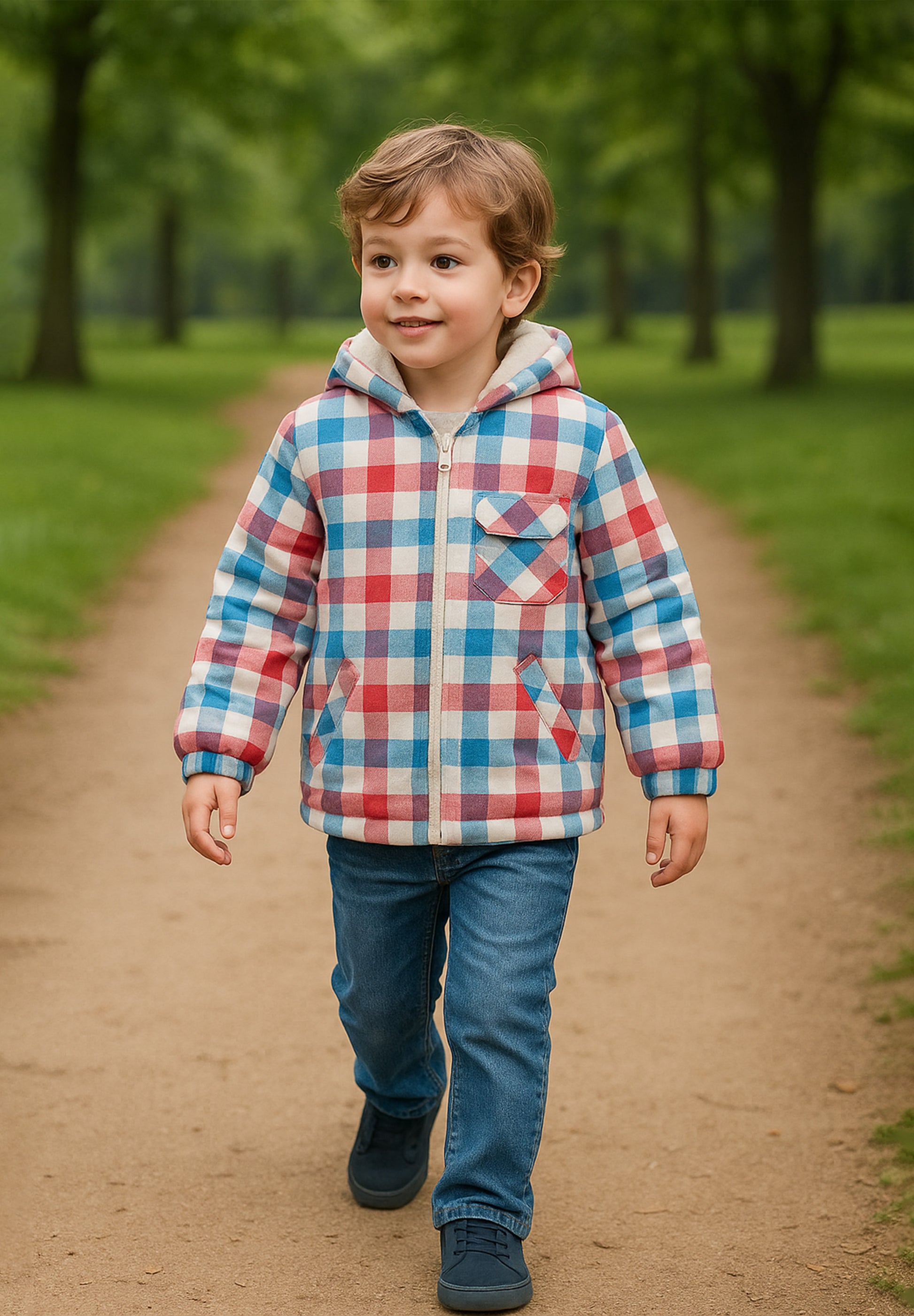 Child wearing a plaid jacket walking on a path in a park", jacket for kids, 