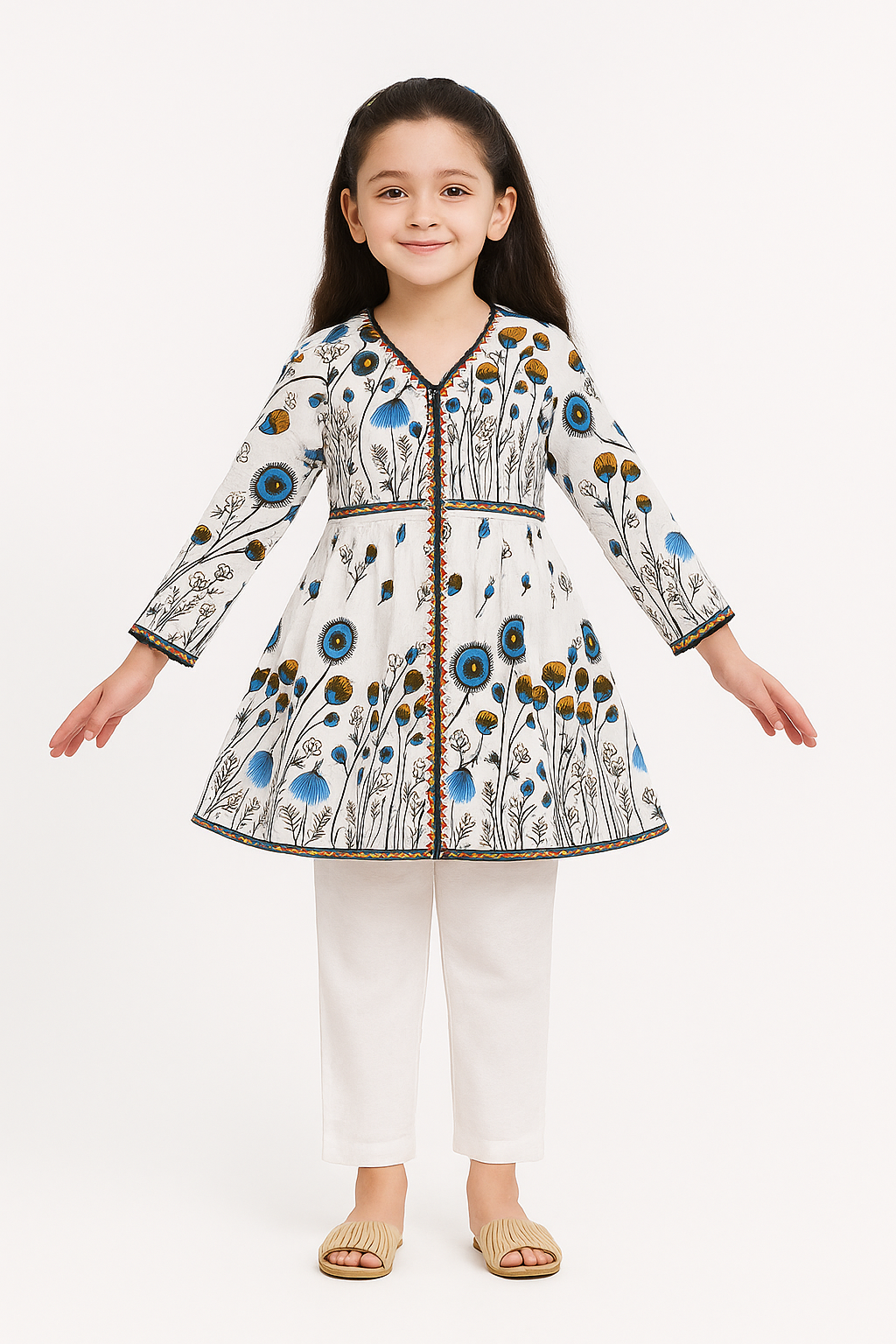 Young girl wearing a floral-patterned outfit on a white background