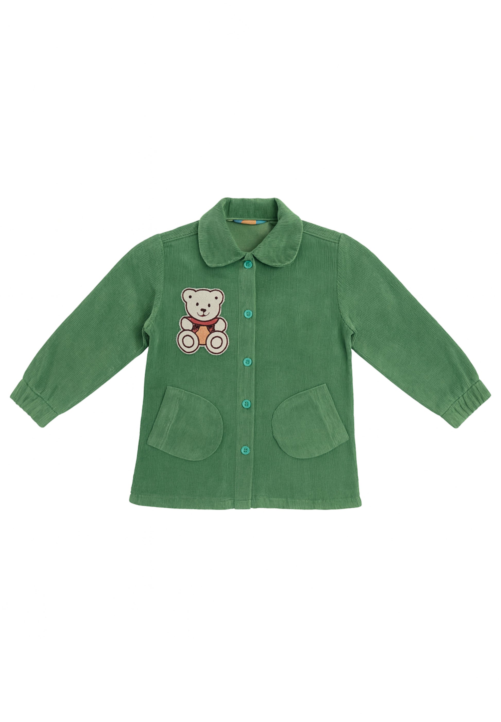 Green children's jacket with a teddy bear patch on a white background., jacket for children