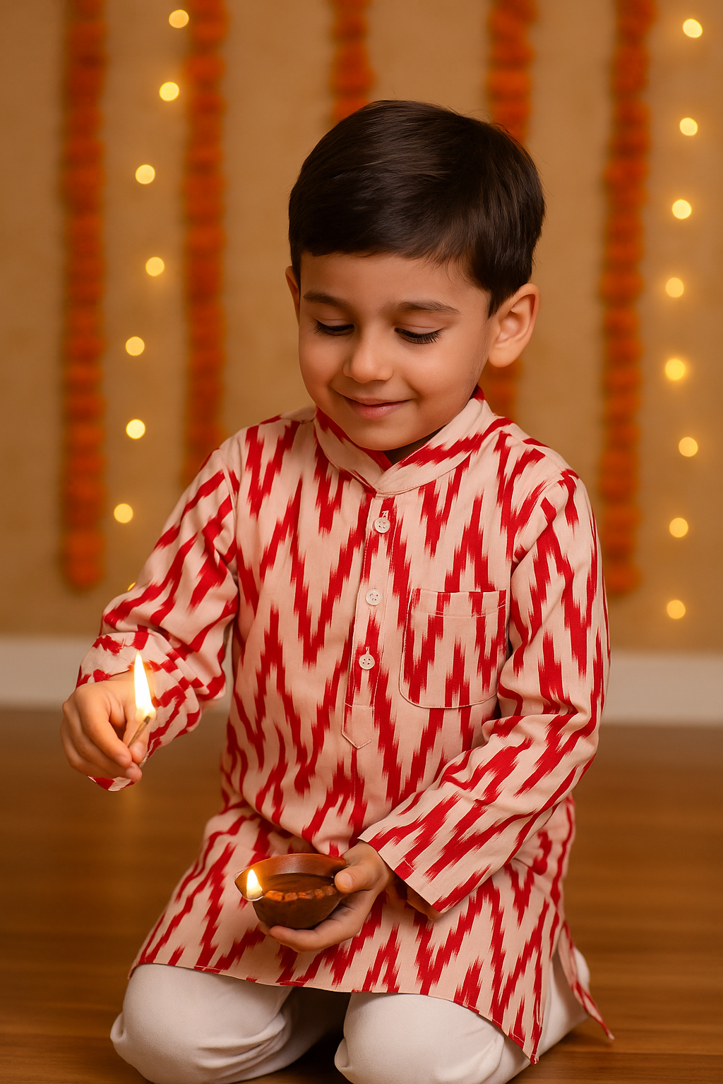 Child wearing a red and white patterned kurta holding a small lamp in a decorated room.