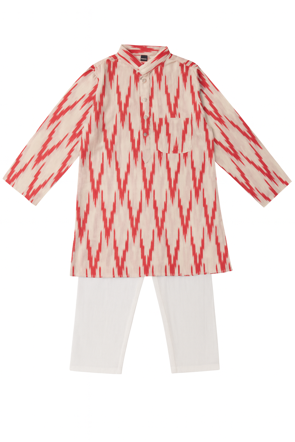 Red and white tie-dye shirt with white pants on a white background