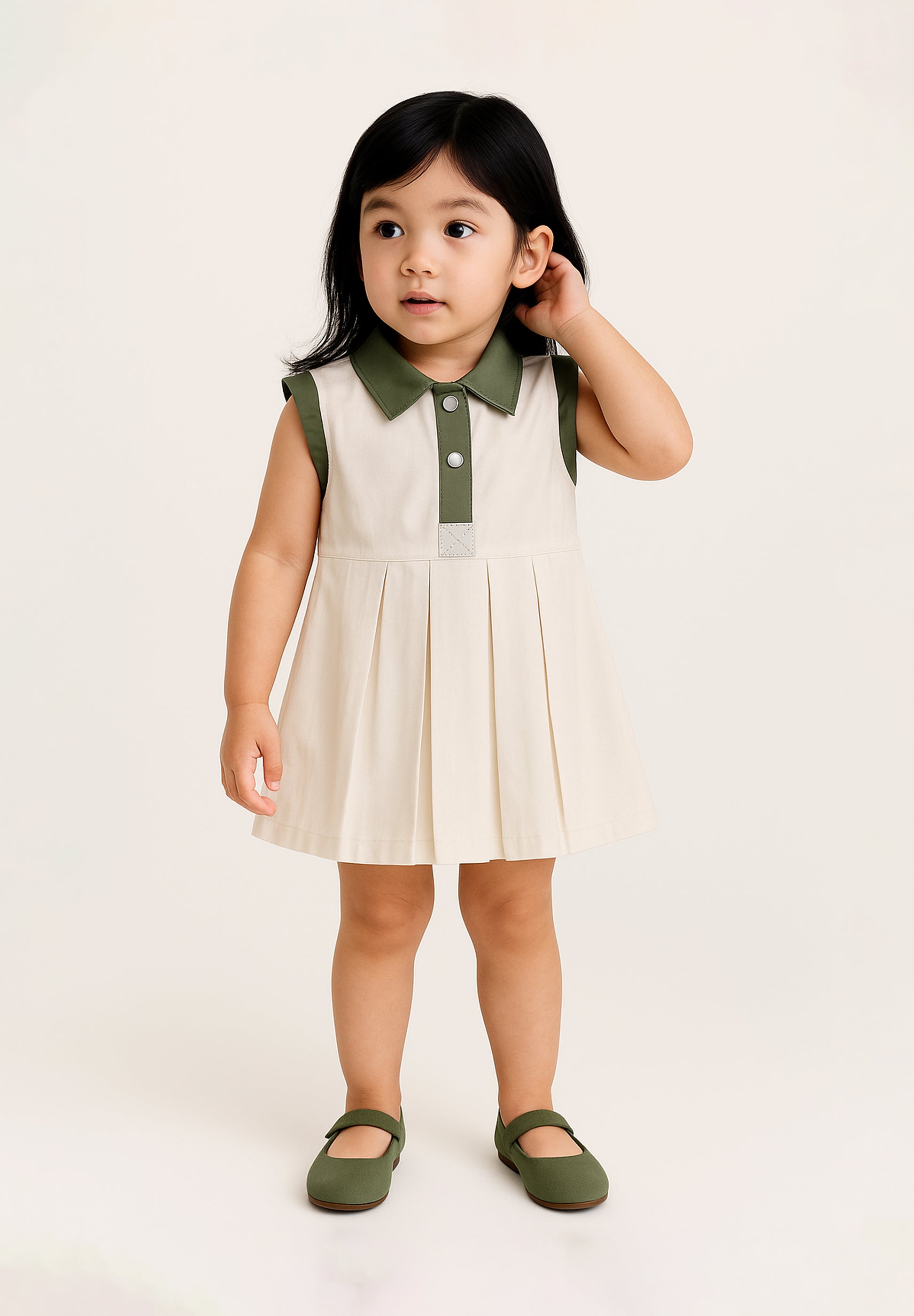 Olive Collar Pleated Dress