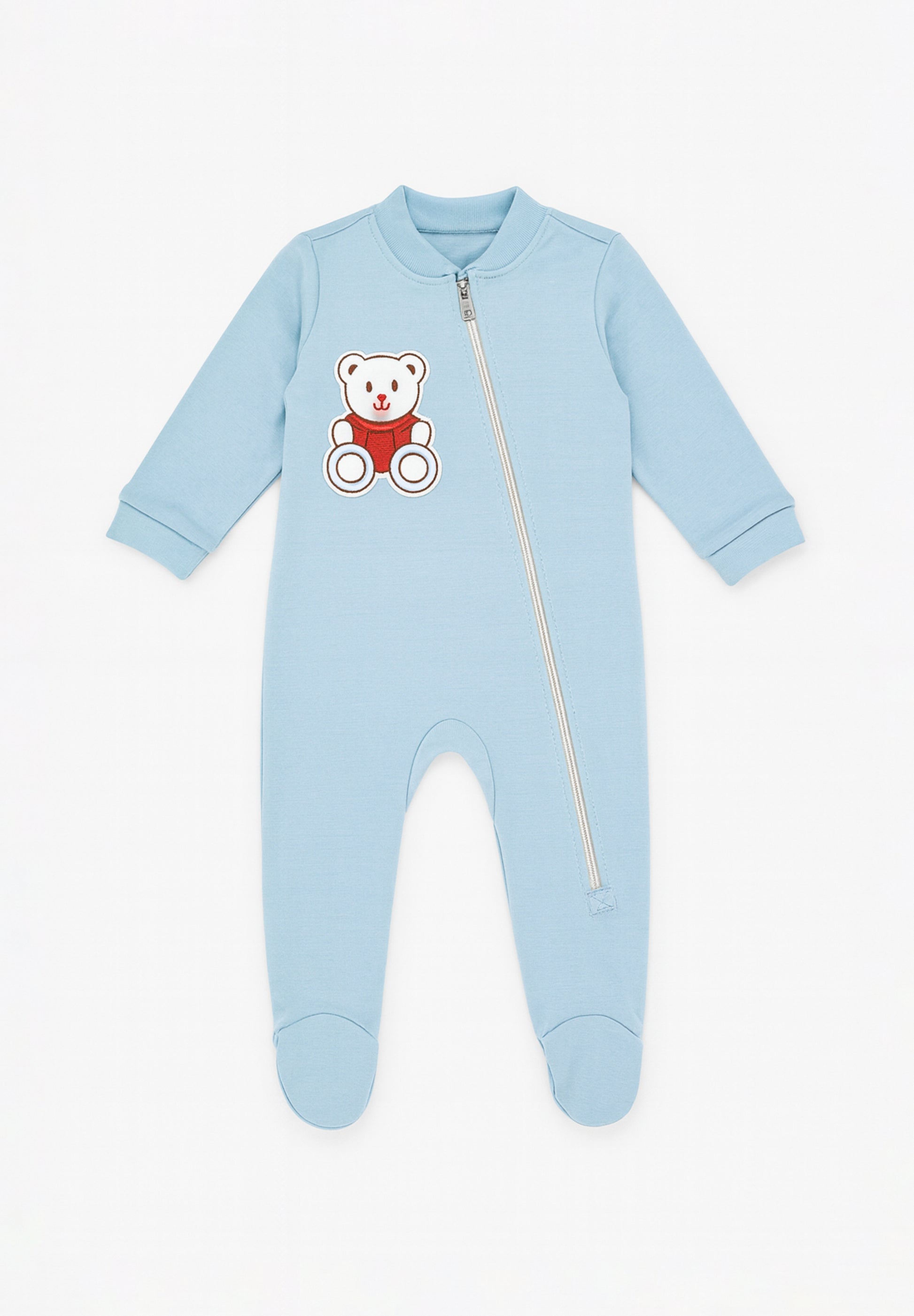 Light blue baby onesie with a teddy bear design on a white background