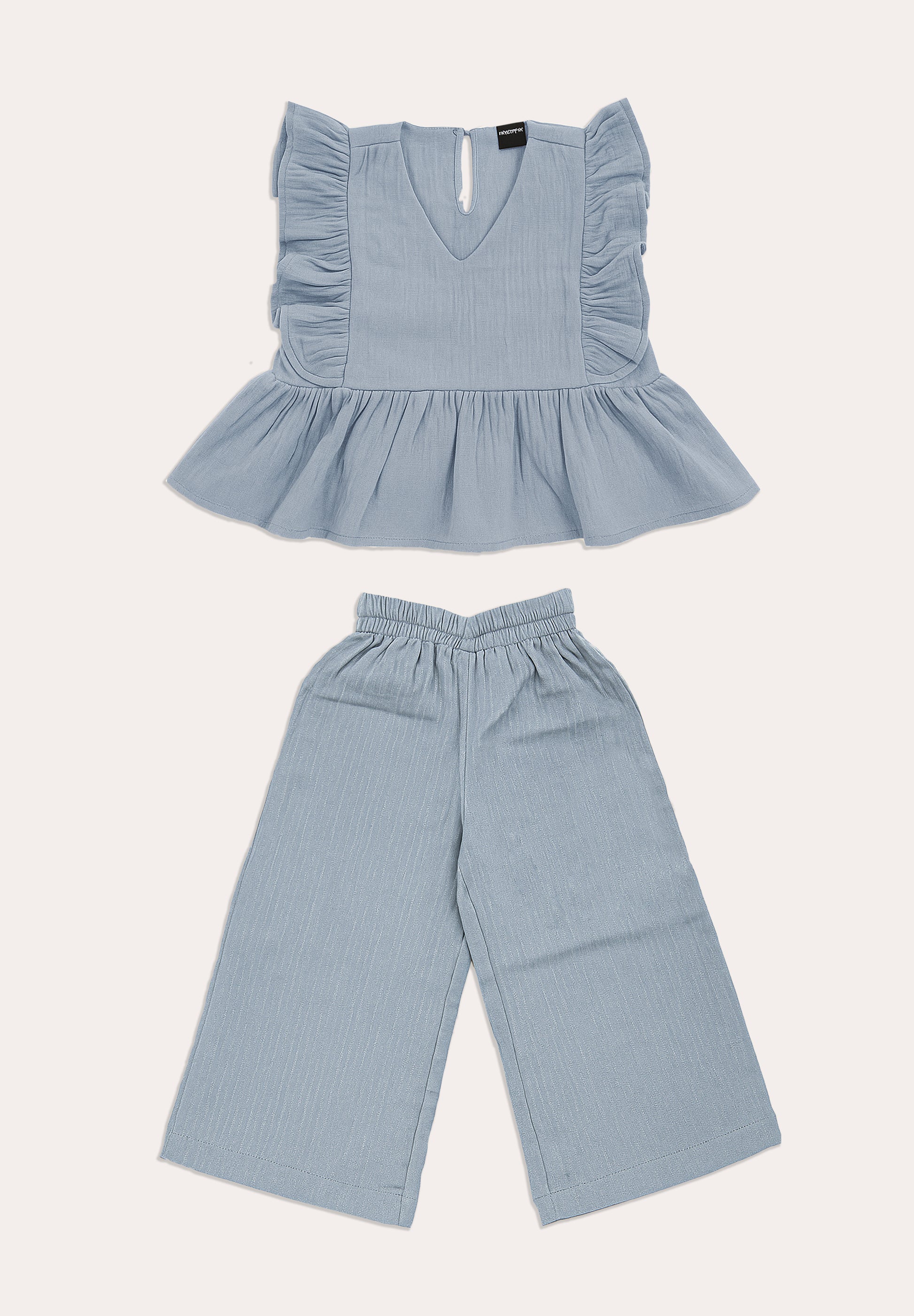 Girls’ Ruffle Sleeve Peplum Top & Wide-Leg Pants Set – Light Denim