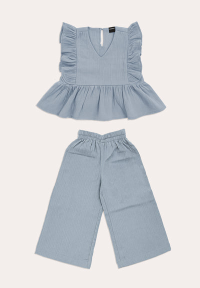 Girls’ Ruffle Sleeve Peplum Top & Wide-Leg Pants Set – Light Denim