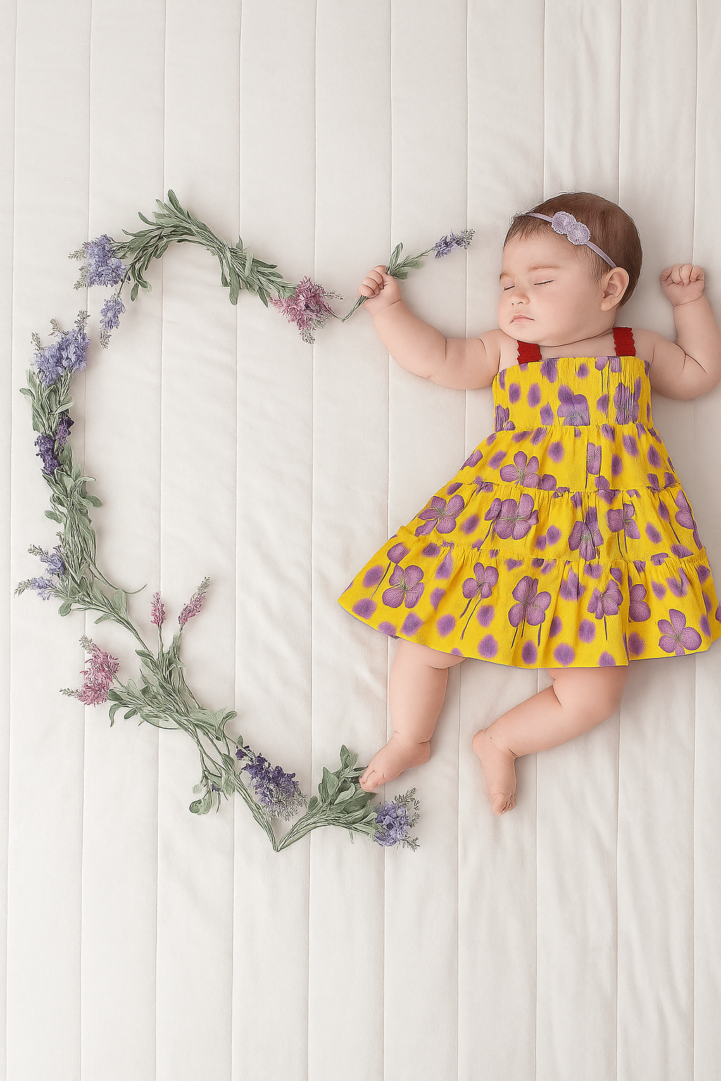 Baby in a yellow dress with purple flowers lying on a white wooden floor next to a heart-shaped arrangement of flowers.