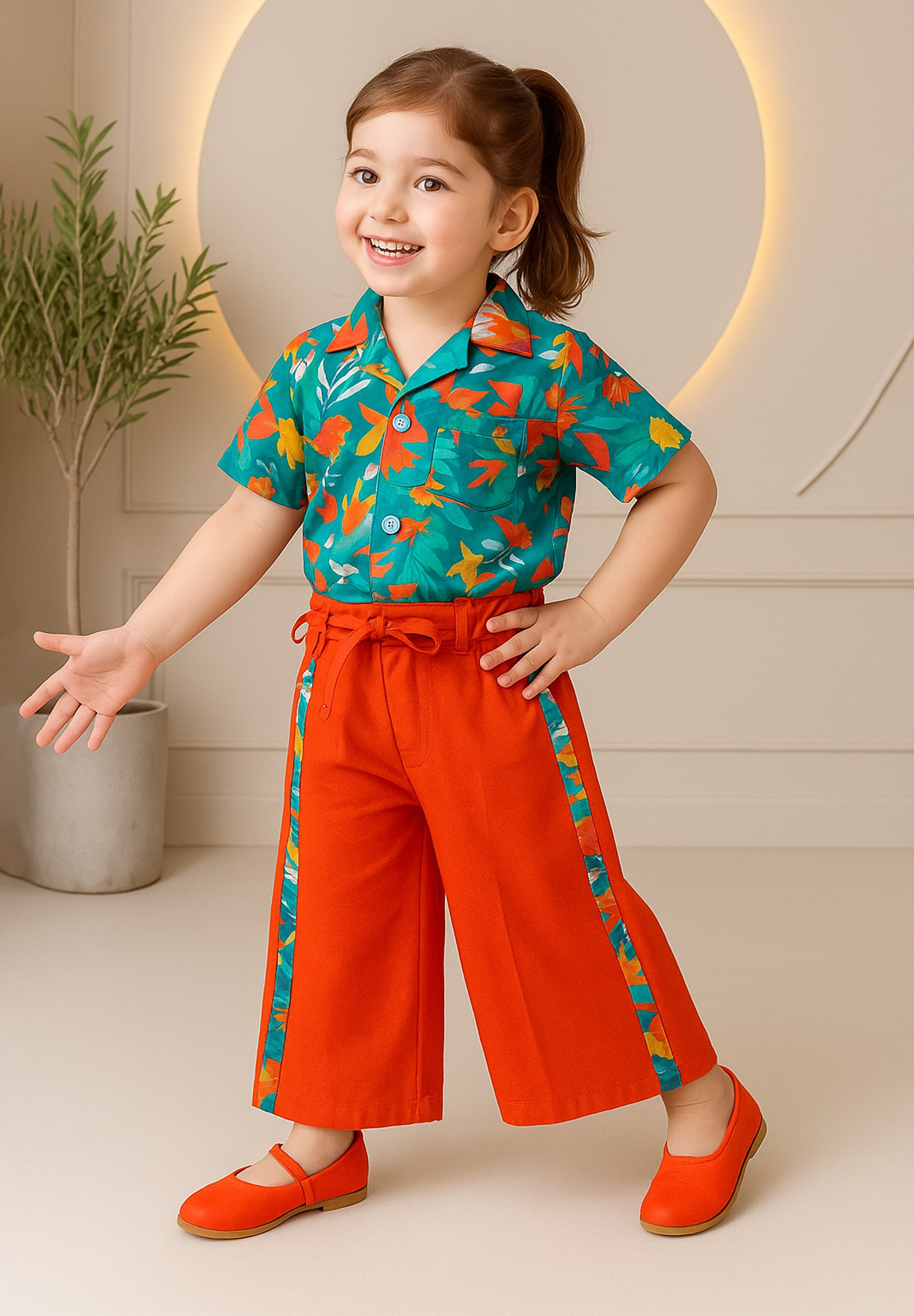 Child wearing a colorful outfit with a teal shirt and red pants, standing indoors.