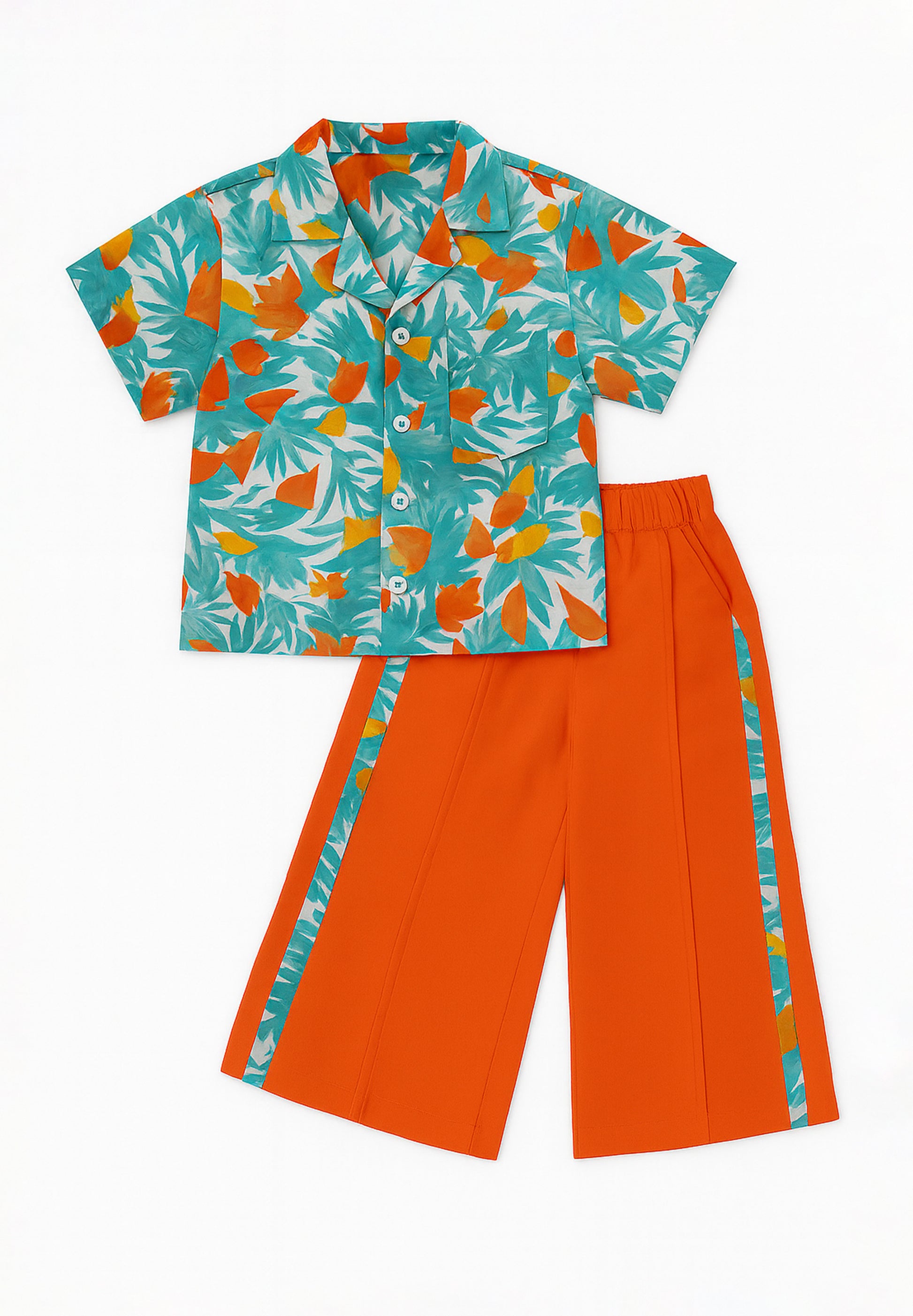 Children's outfit with a colorful shirt and orange pants on a white background