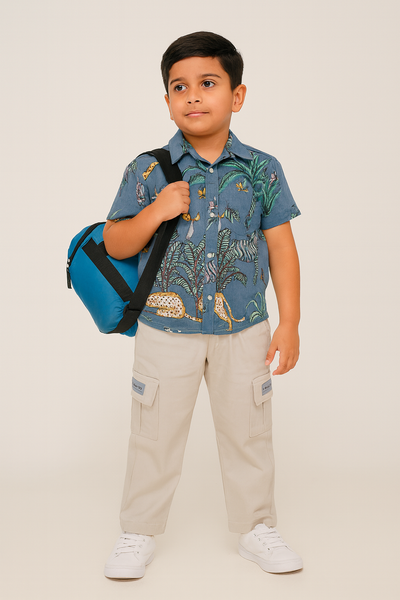 Boys Cotton Printed Shirt with Denim Cargo Pants – Casual Stylish Outfit