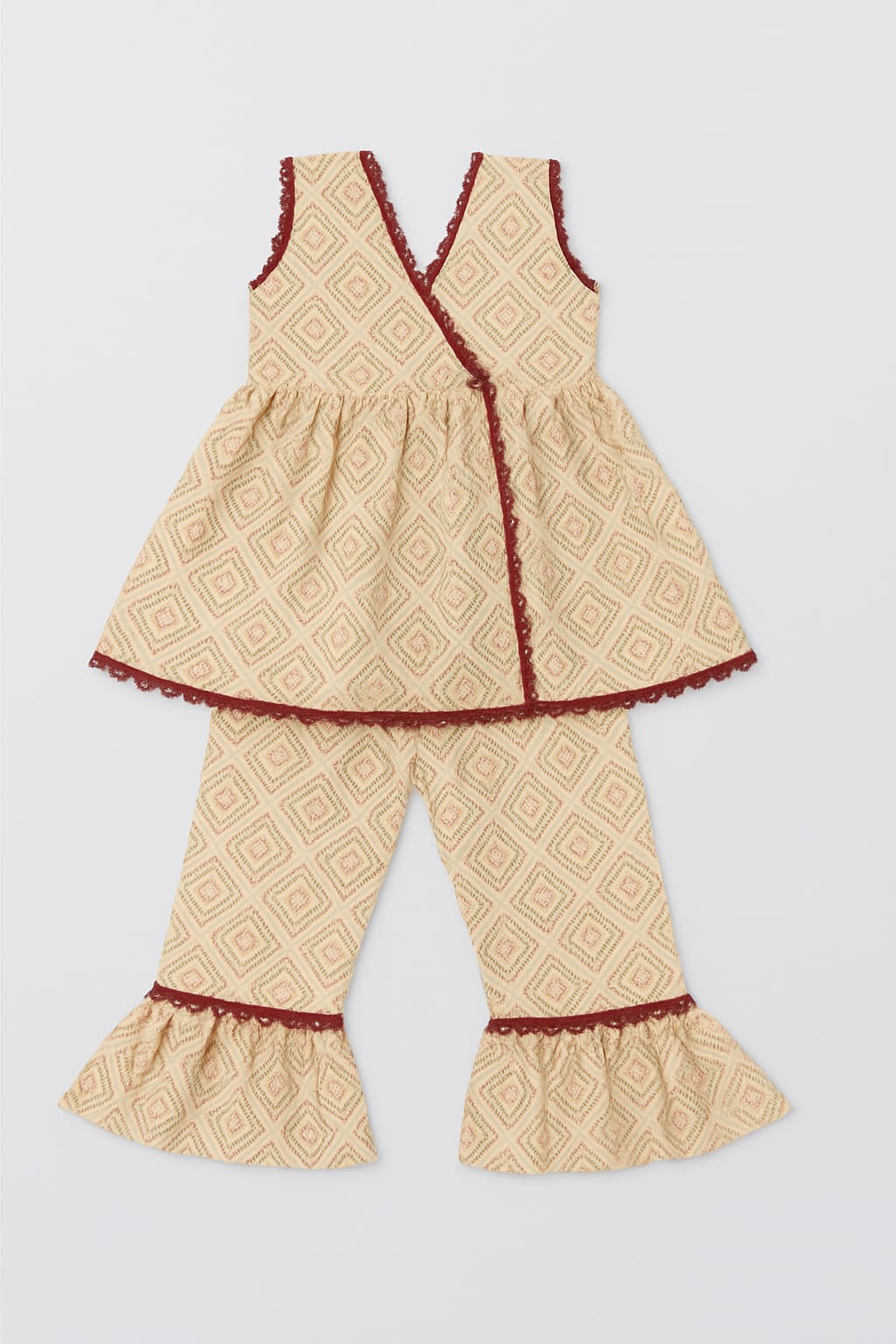 Beige Ethnic Diamond Print Cotton Co-Ord Set for Girls,ethnic kidswear”, and “bell bottom set”.