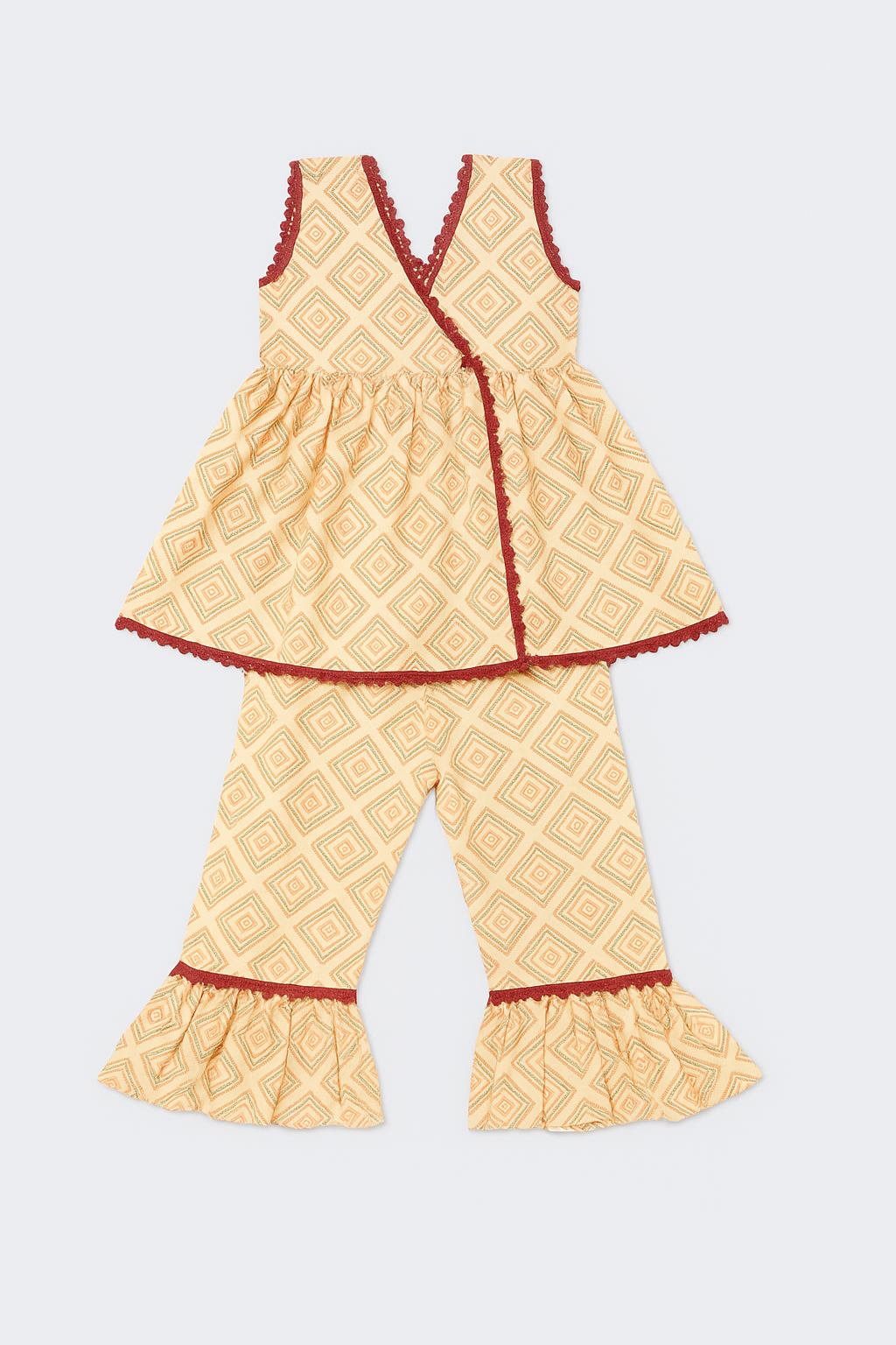 Beige Ethnic Diamond Print Cotton Co-Ord Set for Girls,ethnic kidswear”, and “bell bottom set”.