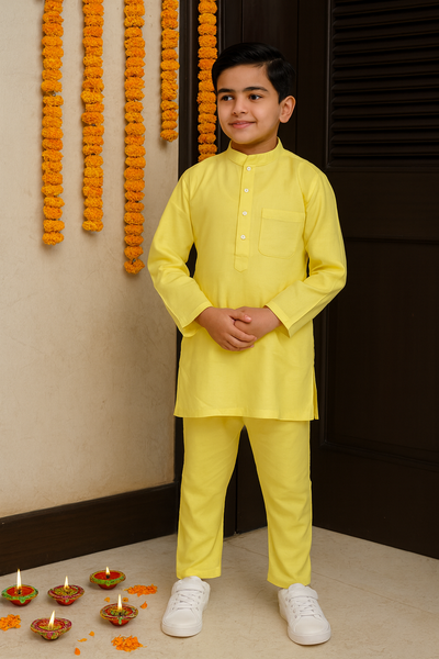 Boys Yellow Cotton Kurta Pajama Set – Festive Ethnic Wear for Kids,boys ethnic wear  indian wear for kids  diwali outfit kids  yellow kurta pajama